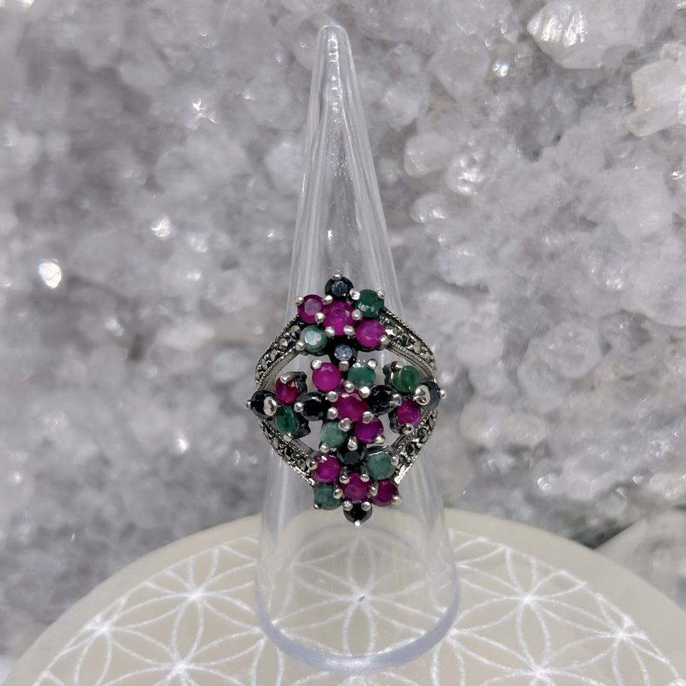 Vintage Emerald/Ruby/Marcasite Floral Gemstone Ring 925